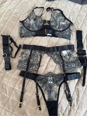 Sheer Black Lace Bra & Garter Set with Adjustable Straps